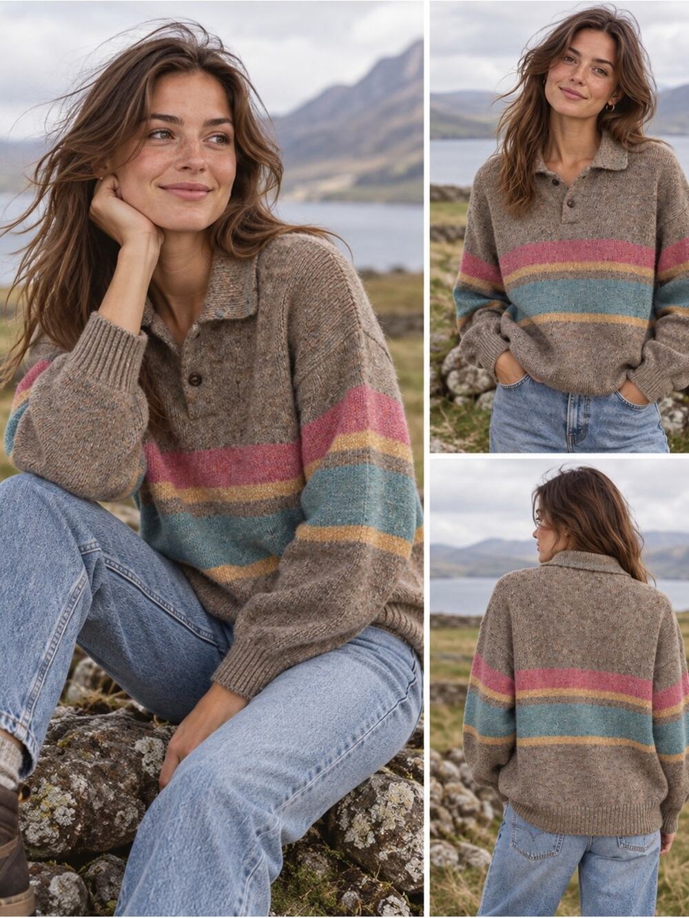 Vintage The Moors 100% Pure Shetland Wool Sweater, Brown Striped, Distressed, L